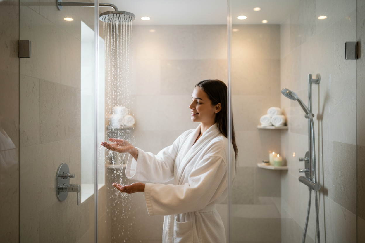 Create a high-gloss, ultra-realistic image of a modern, luxurious bathroom. Show a young woman standing beside a walk-in shower, fully covered with a towel or wearing a light bathrobe. She is smiling and gently checking the water flow from a premium shower head with her hand. The bathroom features elegant tiles, soft reflections, and subtle steam for ambience. Warm cinematic lighting highlights the glossy surfaces, water droplets, and high-end design. The overall mood is fresh, premium, and spa-like, perfec