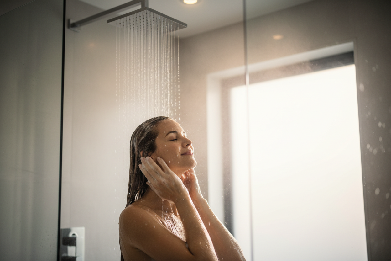 woman under a shower and wash her hair
